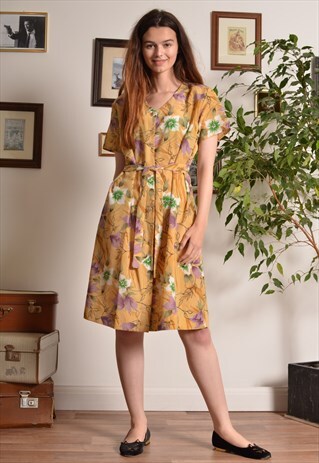 VINTAGE 80S FLORAL MIDI DRESS IN YELLOW
