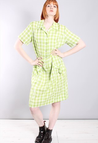 VINTAGE 60S LIME GREEN GINGHAM CHECK SHIRT DRESS