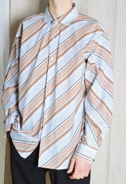 Y2K Blue Beige White Striped Long Sleeve Mens Shirt