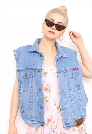 VINTAGE 90S BLUE DENIM SLEEVELESS WAISTCOAT JACKET
