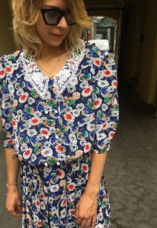 VINTAGE 80' BEAUTIFUL FLORAL PATERNED WHITE COLLAR DRESS