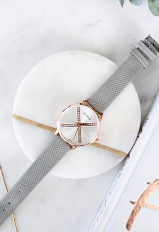 GREY FAUX LEATHER DIAMANTE SIMPLE ROSE GOLD FACE WATCH
