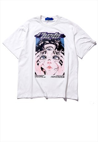 ANIME GRAFFITI TEE KAWAII GIRL PRINT BAGGY T-SHIRT IN WHITE