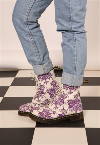 VINTAGE DR MARTEN'S PAISLEY FLORAL WHITE LILAC PRINT BOOTS