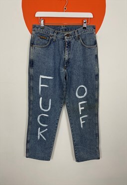 Wrangler Painted 'FUCK OFF' Denim Jeans in Blue 32 x 32