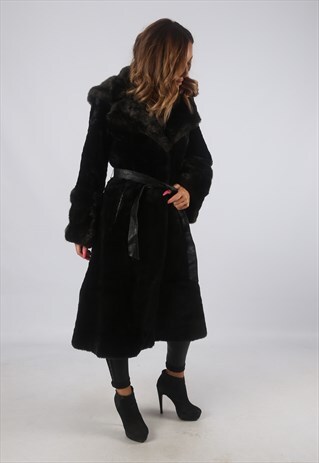VINTAGE FAUX FUR COAT JACKET HOODED MID LONG UK 12 (H4A)