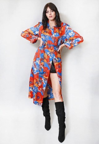 VINTAGE 1970'S RED & BLUE FLORAL PRINT KIMONO