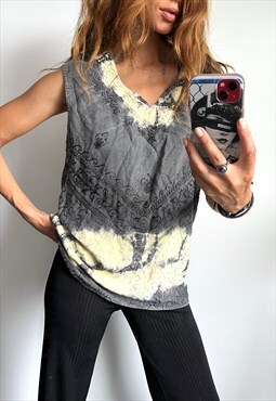 Boho Tie Dyed Gray White Embroidered Ombre Tank Tee L