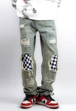 Kalodis Checkerboard Patchwork Ripped Jeans