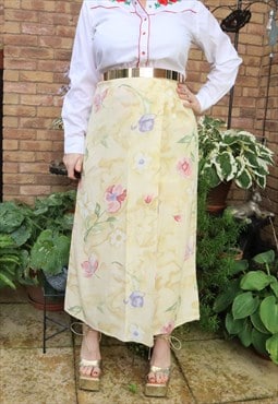 Vintage 90s Yellow Cottage Floral Flower Festival Maxi Skirt