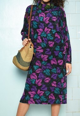 Vintage 80s Mod floral knitted straight cut midi dress Boho