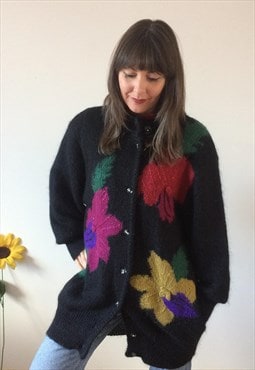 Vintage 80s Black with Floral Applique Midi Cardigan