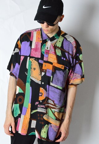 VINTAGE 80S COLOURFUL ABSTRACT SHORT SLEEVE SHIRT