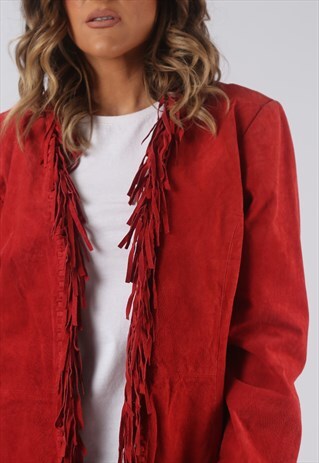 SUEDE LEATHER FRINGE TASSEL JACKET COLOURED UK 12 (BWCI)