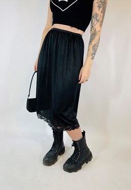 Vintage 90s 00s Y2K Grunge Satin Black Lace Midi Skirt