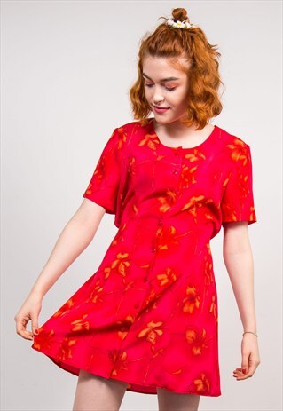 90'S VINTAGE DARK PINK FLORAL CUTE MINI DRESS