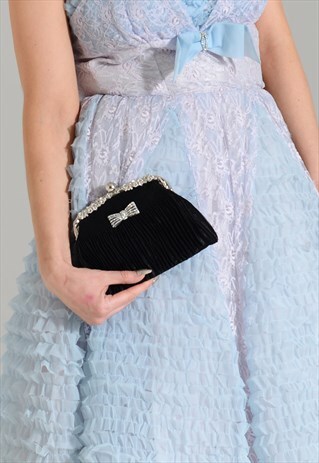 VINTAGE INSPIRED BLACK EVENING SILVER BOW FRAME CLUTCH BAG