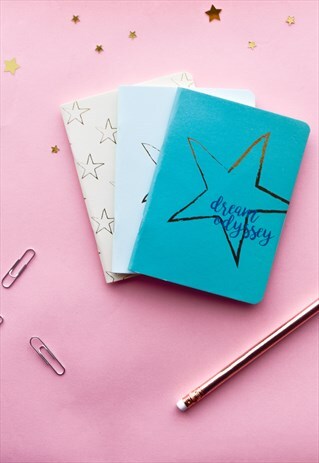 3 MINI NOTEBOOKS POCKET SIZED SET GOLD STAR AQUA TEAL CREAM