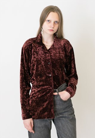 VINTAGE RED MAROON LONG SLEEVE RETRO VELVET SHIRT