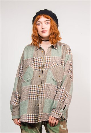 90'S VINTAGE GRUNGE CHECK PATTERN OVERSIZE SHIRT