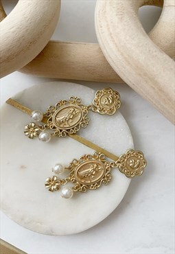 Gold Faux Pearl Baroque Chandelier Dangle Drop Earrings