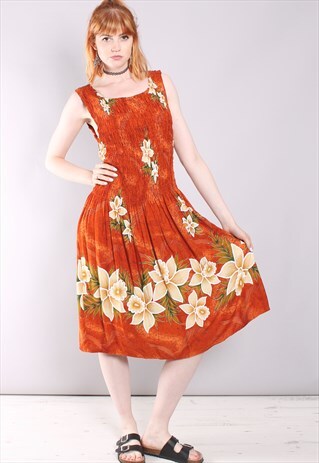 VINTAGE 80S HAWAIIAN FLORAL RUCHED MIDI DRESS