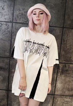 Stitched Gothic tee graffiti slogan grunge t-shirt in white