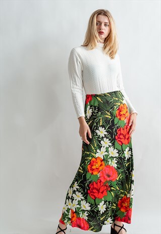 VINTAGE 80S WRAP UP MAXI SKIRT IN GARDEN PATTERN