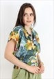 CROPPED BLOUSE BUTTON UP SHIRT SHORT SLEEVES FLORAL PRINT