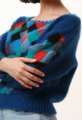80S VINTAGE BLUE HANDKNITTED WOOL JUMPER 1061