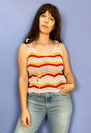 VINTAGE Y2K CROCHET ZIG ZAG STRAPPY TOP - S
