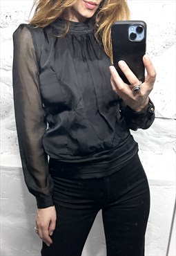 Satin Black Blouse With Sheer Sleeves - XS