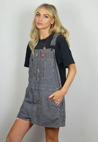 VINTAGE 90S DICKIES NAVY WHITE STRIPE DENIM SHORT DUNGAREES