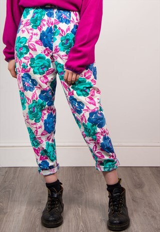 VINTAGE 90'S COLOURFUL FLORAL PRINT HIGH WAIST TROUSERS
