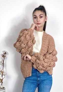 Hand Knit wool blend  cable design handmade knitted cardigan