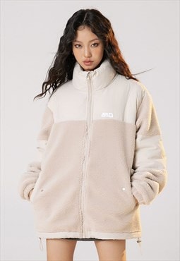 Contrast fleece bomber fluffy sport jacket winter coat cream