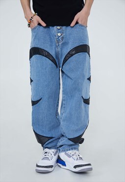 Faux leather patch jeans wide denim cargo pants in blue