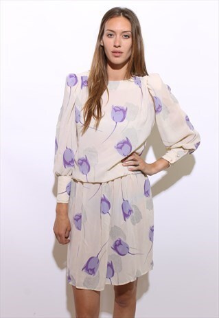 VINTAGE 70S CREAM CHIFFON PURPLE FLORAL TULIP DRESS MIDI S-M