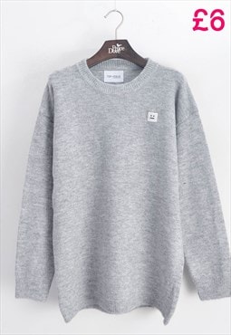 Plain grey color basic wool blend jumper with face patch