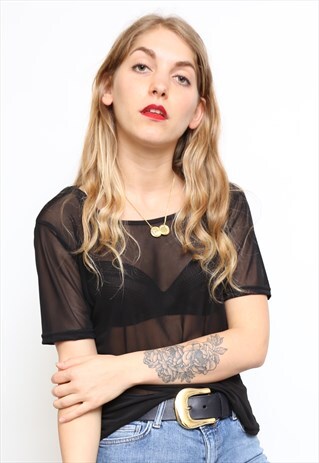 BLACK MESH SHEER T-SHIRT TOP