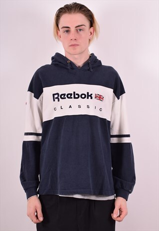 REEBOK MENS VINTAGE HOODIE JUMPER MEDIUM BLUE 90S