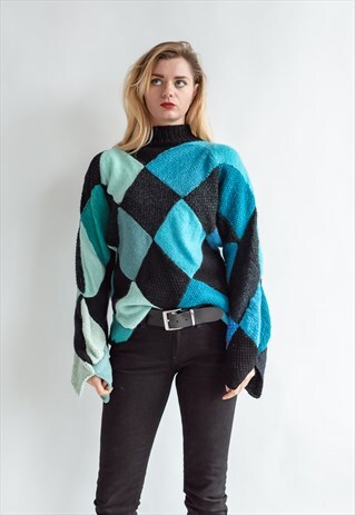 Vintage 80s funky checkered handmade jumper in blue | Protect Me | ASOS ...