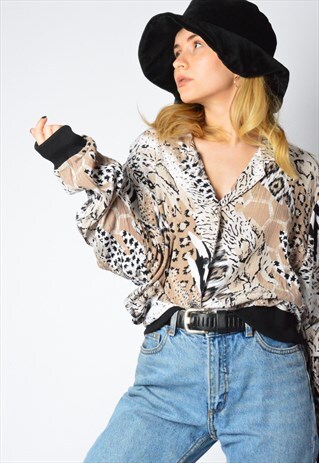 VINTAGE 80S BEIGE WHITE BLACK LEOPARD PRINT BLOUSE