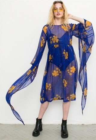 BLUE FLORAL SHEER DRESS WITH LONG ANGEL SLEEVES