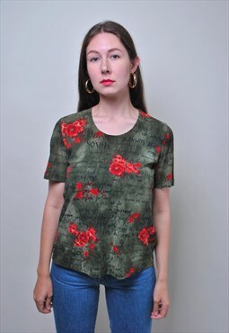 Y2K flowers blouse, 00s green short sleeve pullover top 