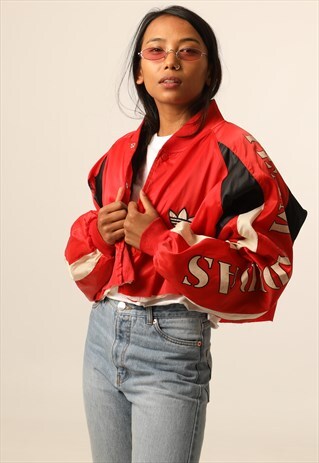 VINTAGE ADIDAS EMBROIDERED LOGO CROPPED VARSITY JACKET