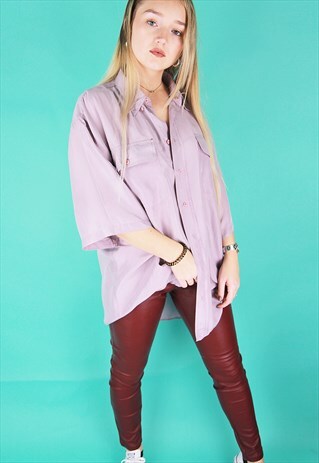 PALE LILAC PURE SILK SHORT SLEEVED BOYFRIEND SHIRT