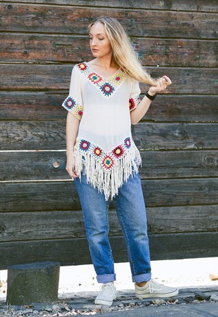 VINTAGE 80S FRINGED PATCHWORK CROCHET TOP