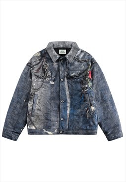 Chain print denim jacket bling jean bomber grunge coat