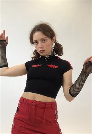 90S ORIENTAL DRAGON PRINT BLACK BABY TEE/ CROP TOP